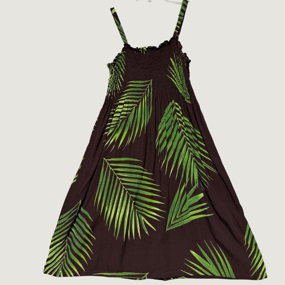 Hula Bay Womens Brown Green Palm Leaf Smocked Sun Dress Size M-9 Tropical Summer